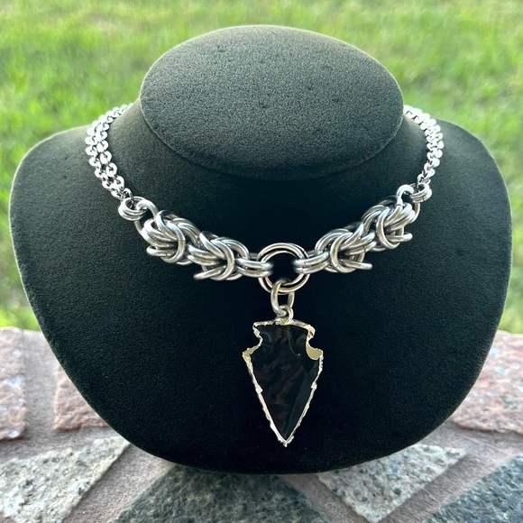 Handmade maille choker necklace black obsidian arrow charm boho goth gemstones - Picture 12 of 13